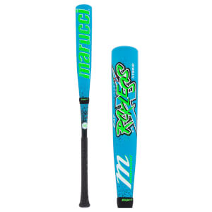Dual view of a blue and green Marucci baseball bat, showing the full bat with black grip and a close-up of the barrels Rckless graphic.