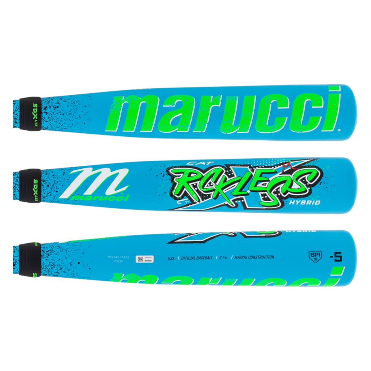 Multiple views of a blue baseball bat with green marucci text, CAT Rckless HYBRID graphic, and -5 marking.