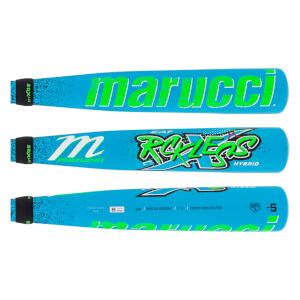 Multiple views of a blue baseball bat with green marucci text, CAT Rckless HYBRID graphic, and -5 marking.