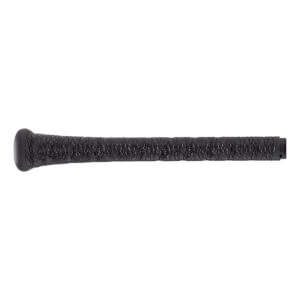 Side view of a black baseball bat handle with a textured grip and a rounded knob.