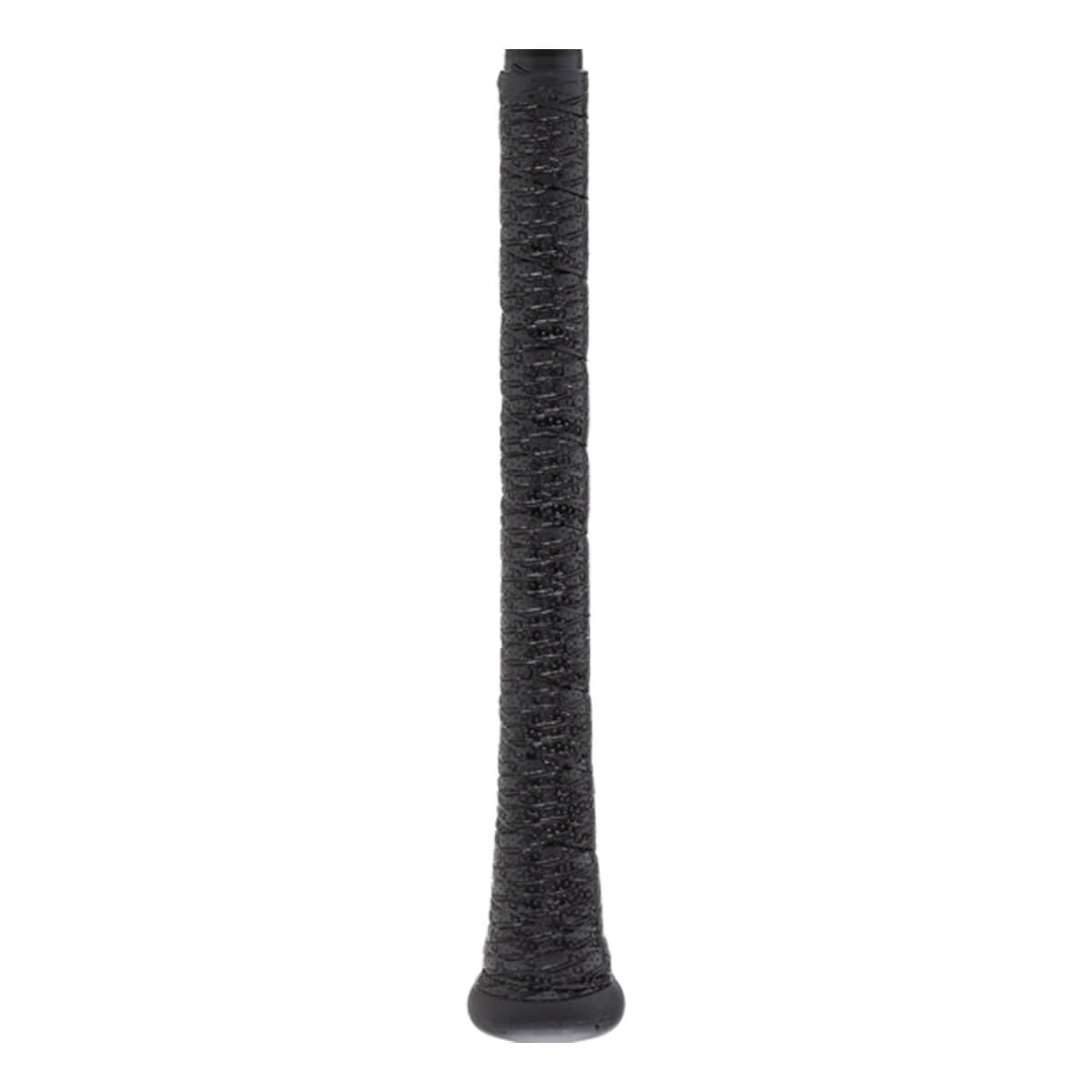 Close-up of a black bat grip with a textured surface and a visible knob at the base.