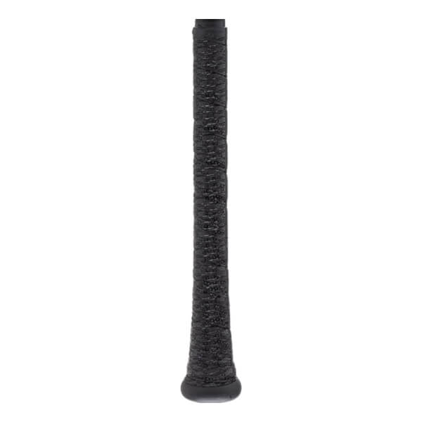 Close-up of a black bat grip with a textured surface and a visible knob at the base.