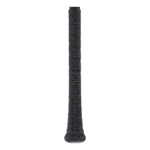 Close-up of a black bat grip with a textured surface and a visible knob at the base.