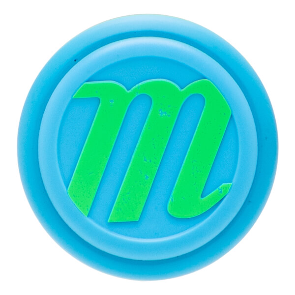Close-up of a blue bat end cap with a raised green m logo and concentric rings.
