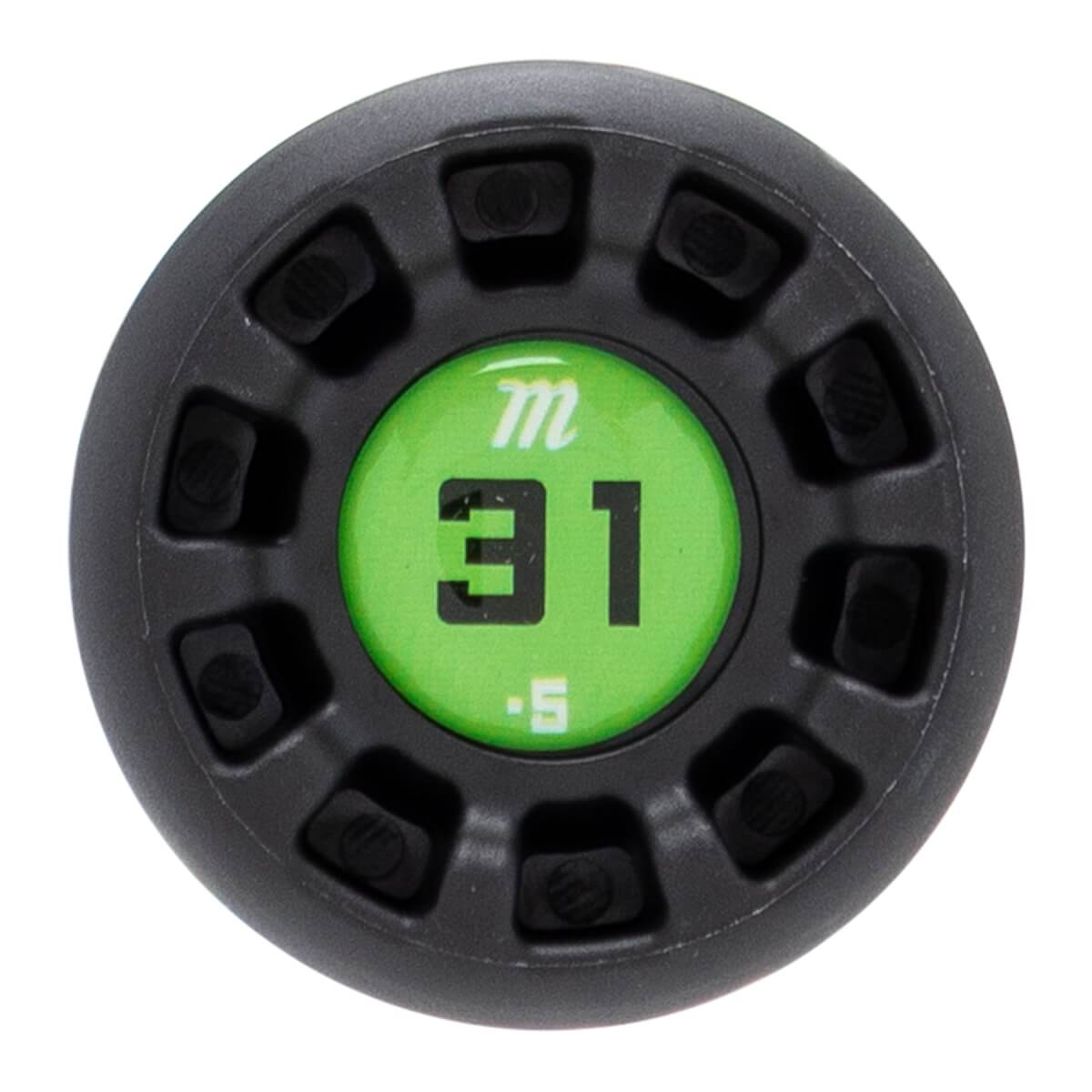 Top-down view of a black baseball bat end cap with a textured surface and a green center displaying 31, -5, and the Marucci m logo.