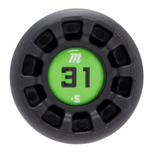 Top-down view of a black baseball bat end cap with a textured surface and a green center displaying 31, -5, and the Marucci m logo.