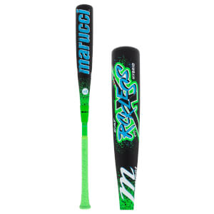 Full view of a black, green, and blue Marucci bat with a bright green grip, alongside a close-up of its Rckless Hybrid barrel.
