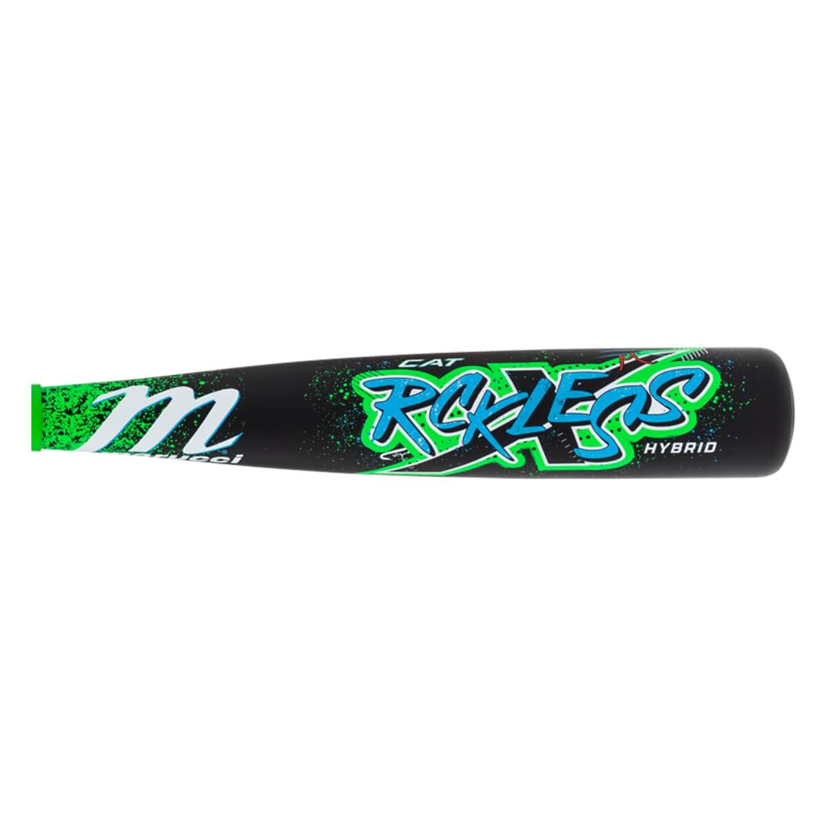 Side view of a black baseball bat with green M logo, green and blue Rckless text, and green splatter design.