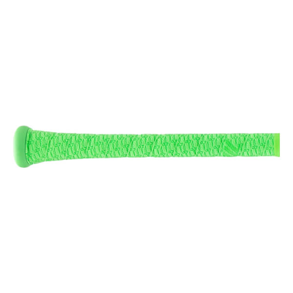 Side view of a bright green baseball bat handle with textured grip tape featuring a repeating 07 pattern and a visible knob.