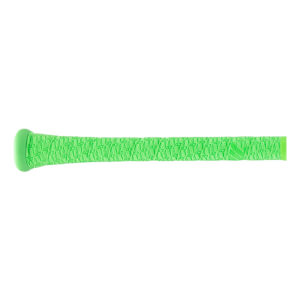 Side view of a bright green baseball bat handle with textured grip tape featuring a repeating 07 pattern and a visible knob.