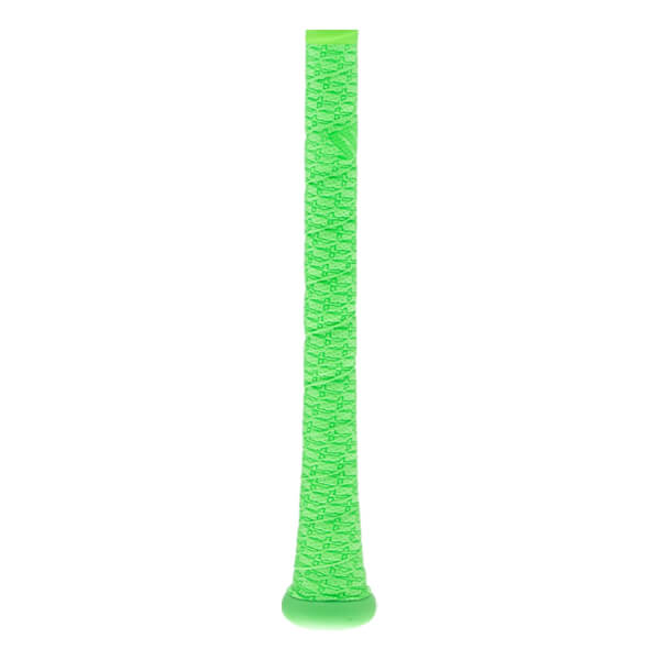 Side view of a neon green bat grip with a textured repeating pattern and a flared knob at the bottom.