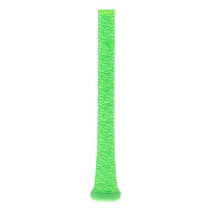 Side view of a neon green bat grip with a textured repeating pattern and a flared knob at the bottom.