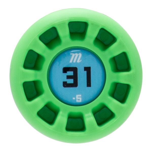 Top-down view of a bright green baseball bat end cap with a blue center displaying m 31 -5 and radial dark green inserts.