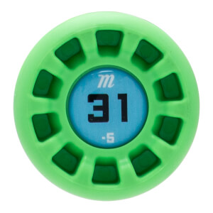Top-down view of a bright green baseball bat end cap with a blue center displaying m 31 -5 and radial dark green inserts.