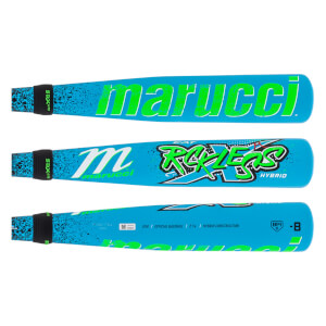 Three side views of an aqua baseball bat with neon green Marucci branding, RCKLESS HYBRID text, and black speckled handle.