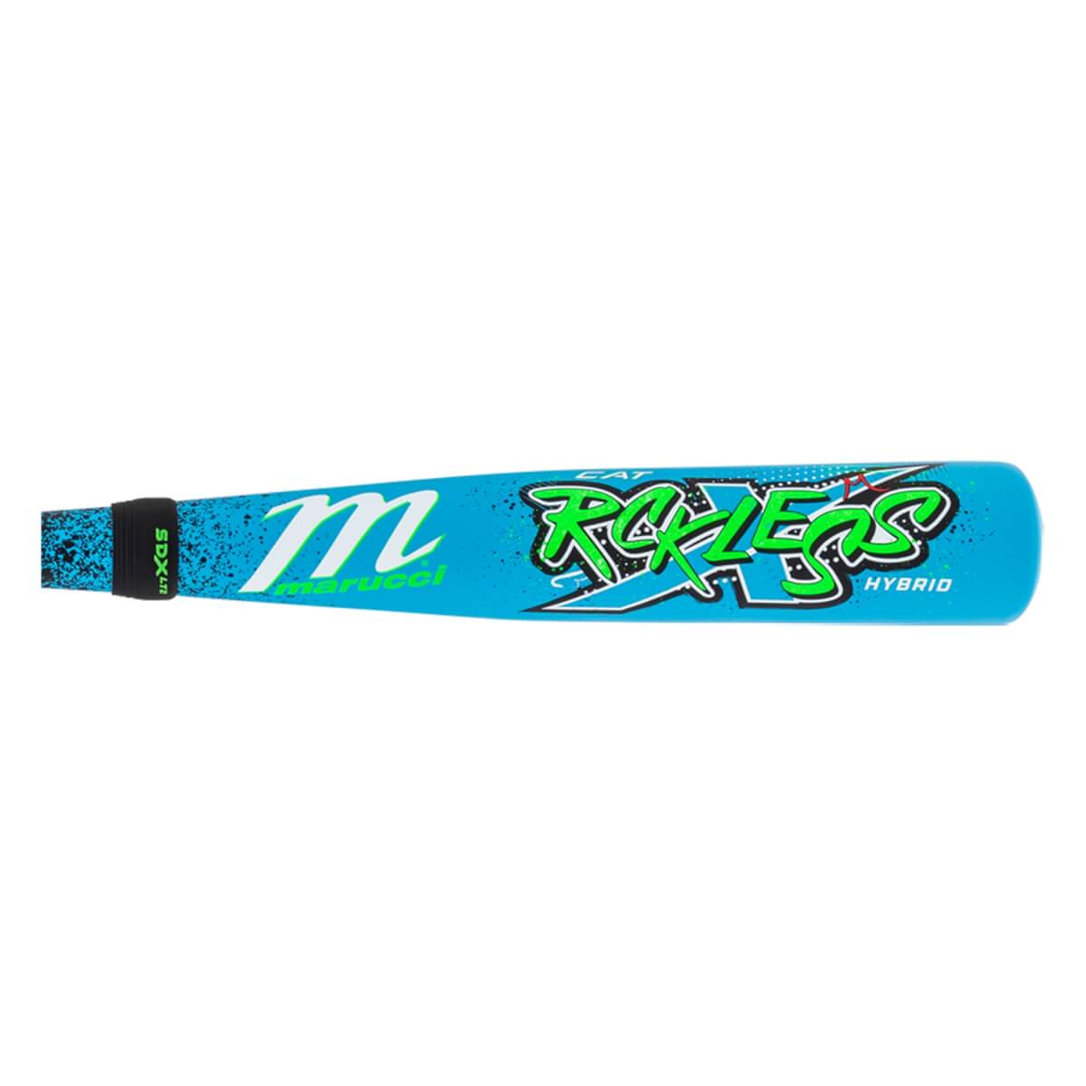 Side view of a light blue Marucci CAT Rckless Hybrid baseball bat with green graffiti text and a black grip.
