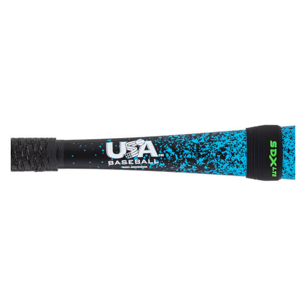 Mid-section view of a black and blue speckled baseball bat with a black textured grip, white USA Baseball logo, and SDX LITE band.