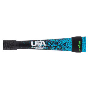Mid-section view of a black and blue speckled baseball bat with a black textured grip, white USA Baseball logo, and SDX LITE band.