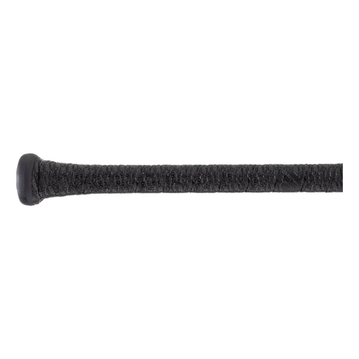 Close-up of a black bat handle with a textured grip tape and a rounded knob.