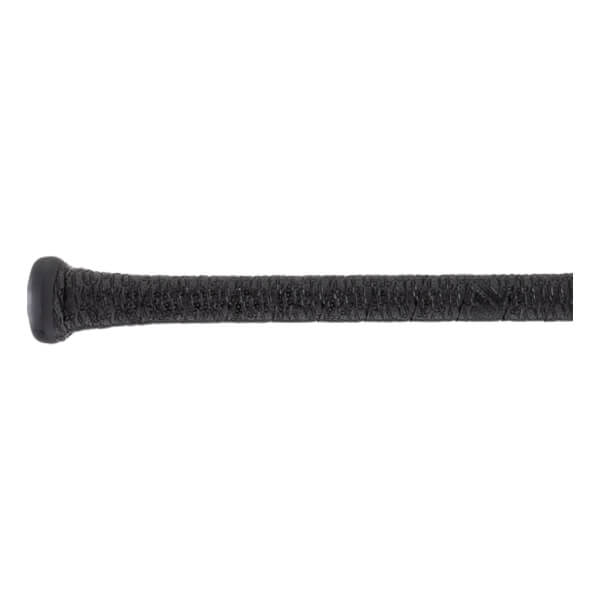 Close-up of a black bat handle with a textured grip tape and a rounded knob.