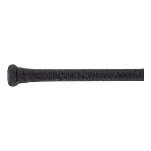 Close-up of a black bat handle with a textured grip tape and a rounded knob.