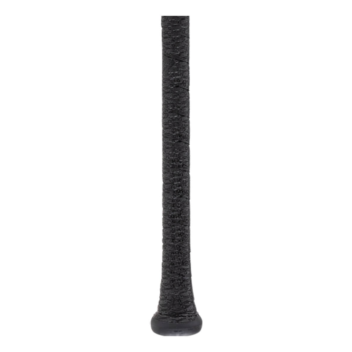 Close-up of a black baseball bat handle with a textured grip and a rounded knob.