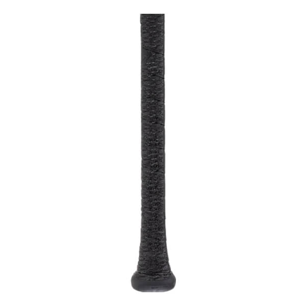 Close-up of a black baseball bat handle with a textured grip and a rounded knob.