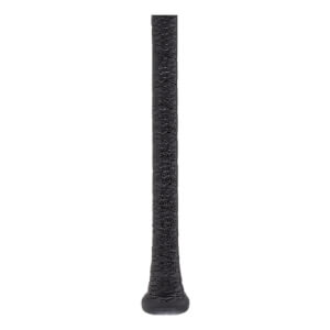 Close-up of a black baseball bat handle with a textured grip and a rounded knob.