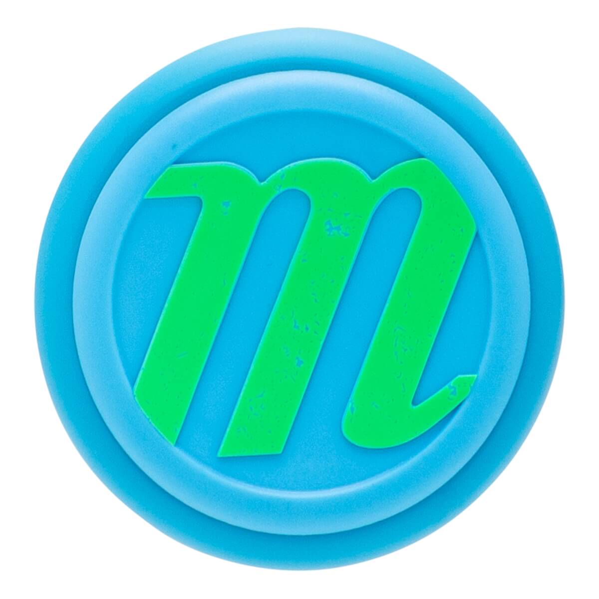 Close-up of a blue bat end cap with a green m logo and concentric raised rings.