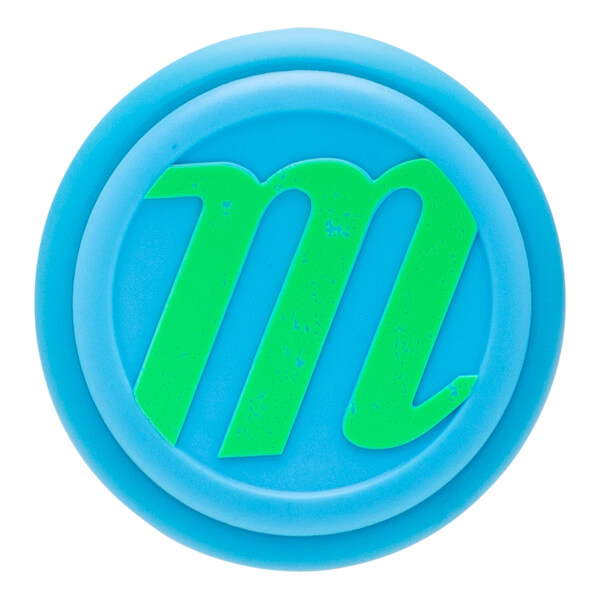 Close-up of a blue bat end cap with a green m logo and concentric raised rings.