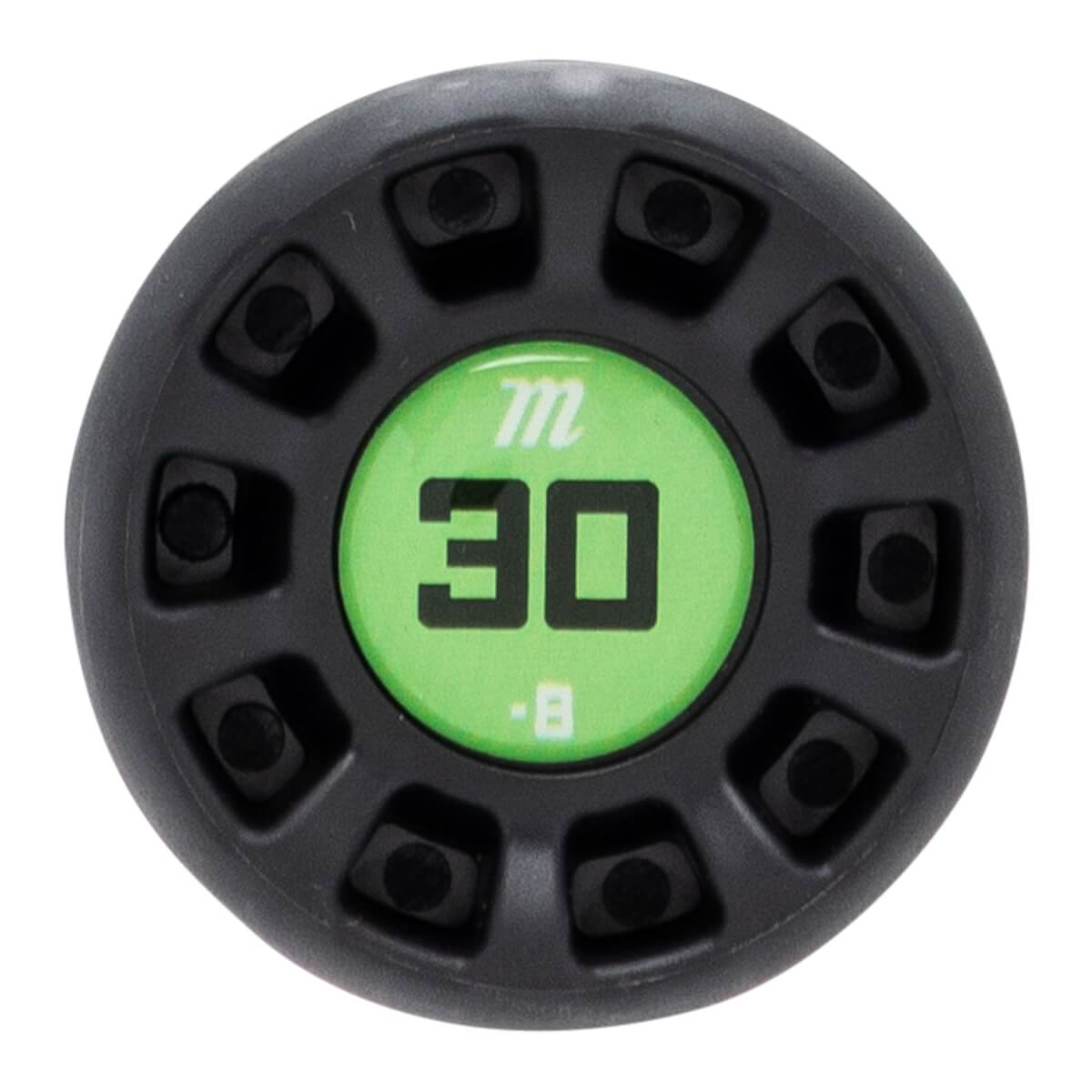 Top-down view of a black textured baseball bat end cap with a green circular insert displaying 30, -8, and an m logo.