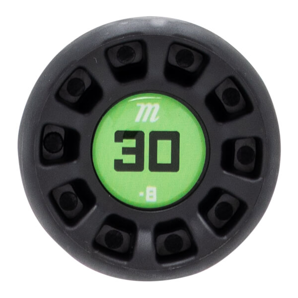 Top-down view of a black textured baseball bat end cap with a green circular insert displaying 30, -8, and an m logo.