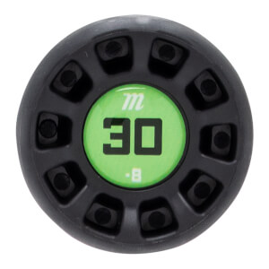 Top-down view of a black textured baseball bat end cap with a green circular insert displaying 30, -8, and an m logo.