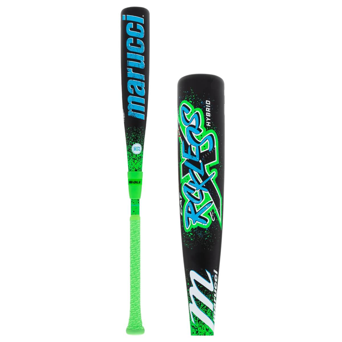 Side view of a black baseball bat with a bright green grip, blue Marucci text, and Rckless Hybrid on the barrel.