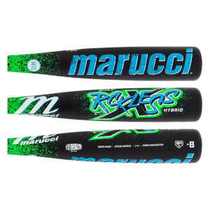 Full view of a black baseball bat with blue Marucci branding, green and blue Rckless Hybrid text, and green speckled ends.
