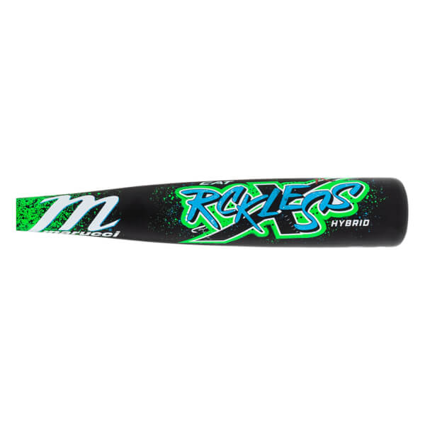 Side view of a black baseball bat with green and blue Rckless Hybrid text, green speckles, and a white Marucci logo.