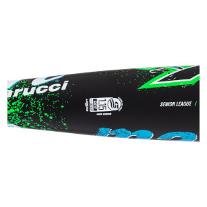 Close-up of a black baseball bat with a white Marucci logo, USSSA 1.15 BPF stamp, and green/blue splatter design.