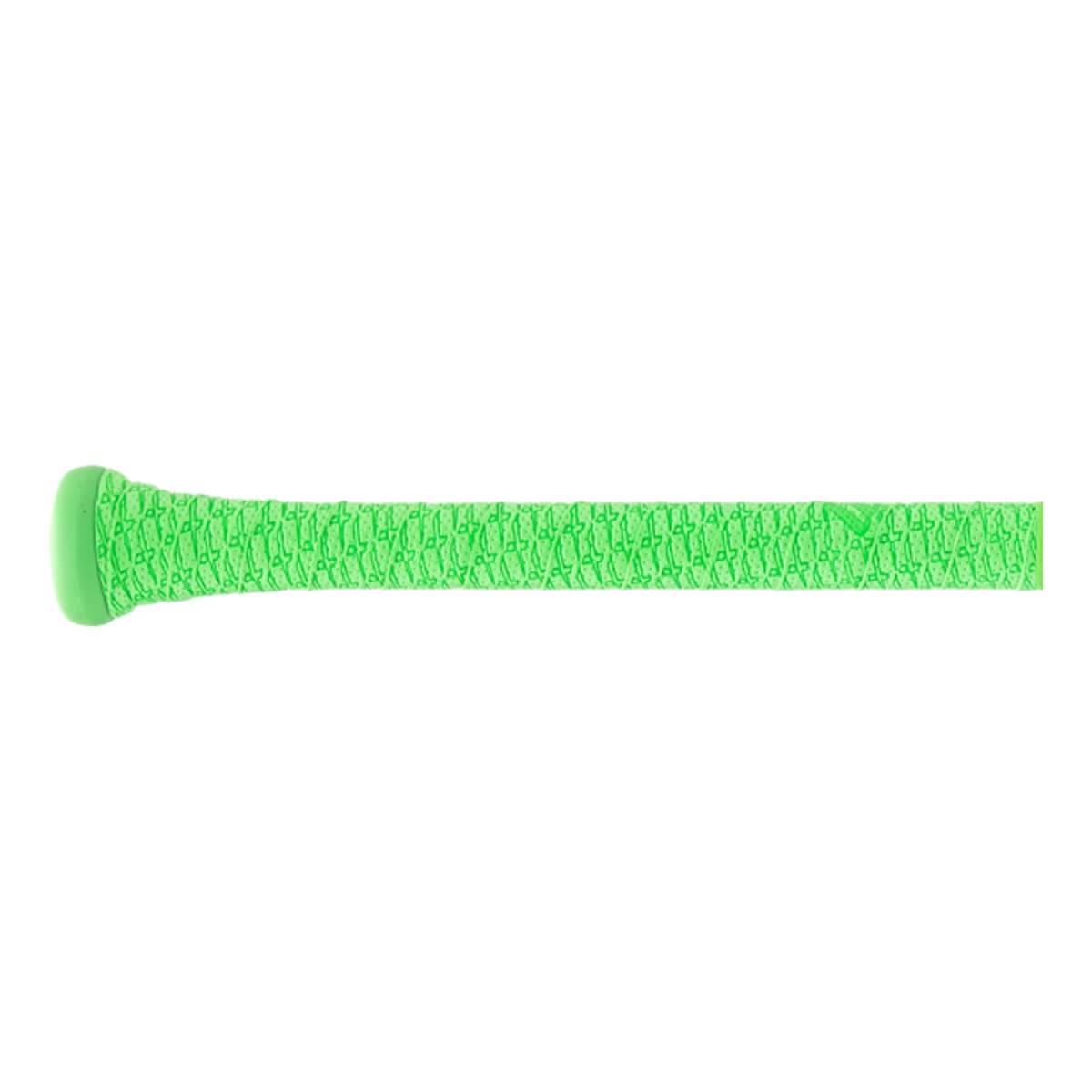Side view of a lime green baseball bat handle with a textured grip, repeating pattern, and knob.