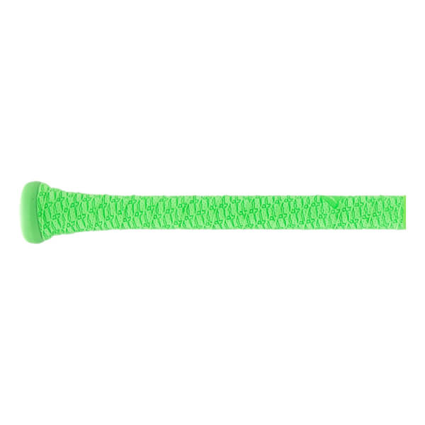 Side view of a lime green baseball bat handle with a textured grip, repeating pattern, and knob.