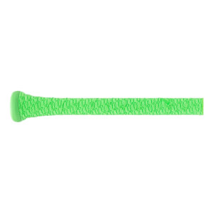 Side view of a lime green baseball bat handle with a textured grip, repeating pattern, and knob.