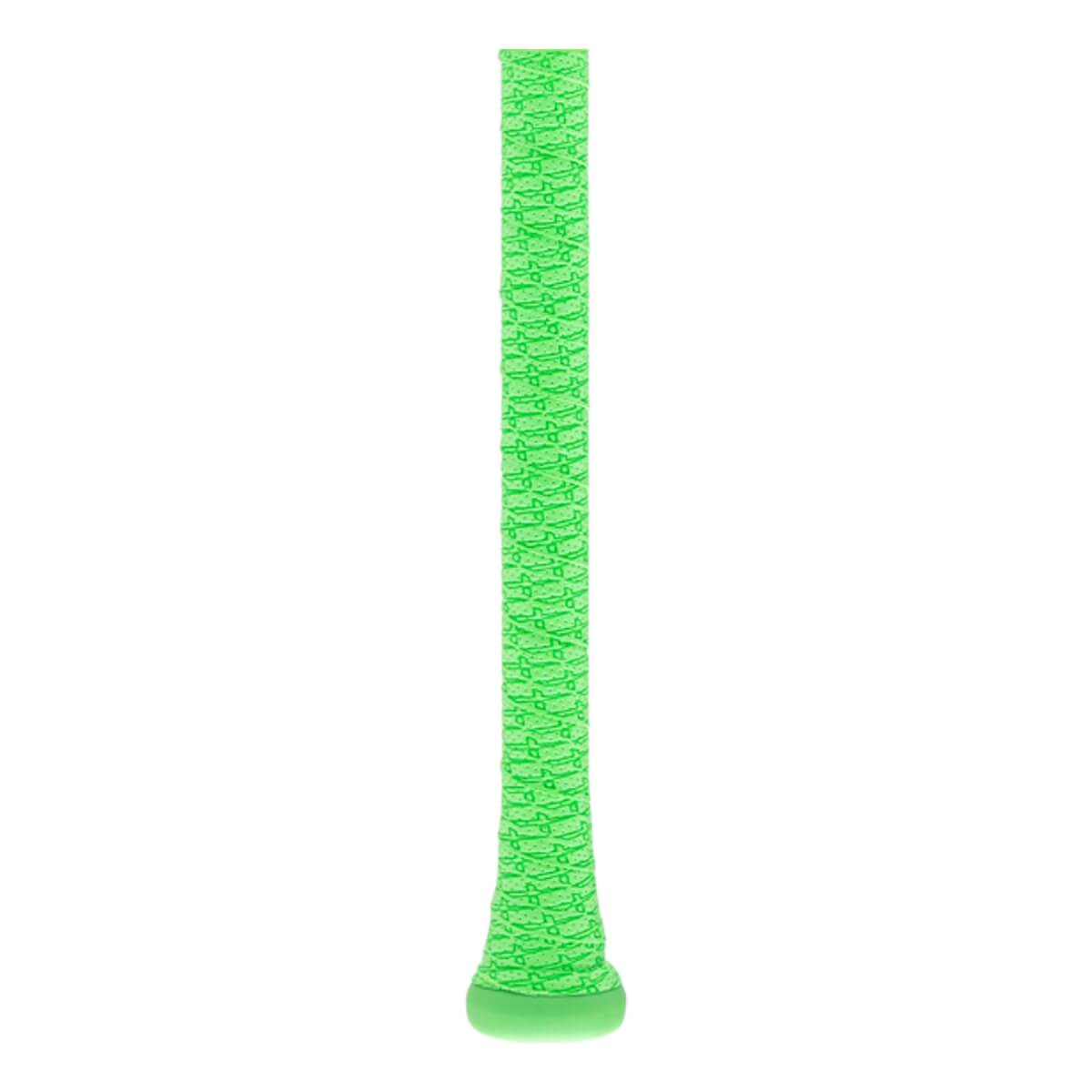 Full view of a neon green baseball bat grip with a repeating small bat pattern and a flared knob.