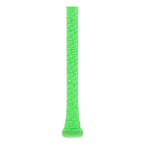 Full view of a neon green baseball bat grip with a repeating small bat pattern and a flared knob.