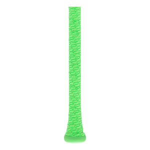 Full view of a neon green baseball bat grip with a repeating small bat pattern and a flared knob.