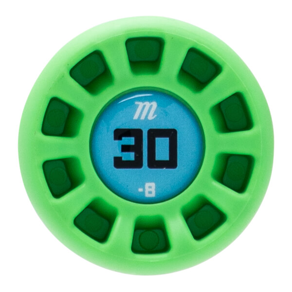 End cap view of a bright green baseball bat with a central blue circle displaying m 30 -8 and dark green rectangular inserts.