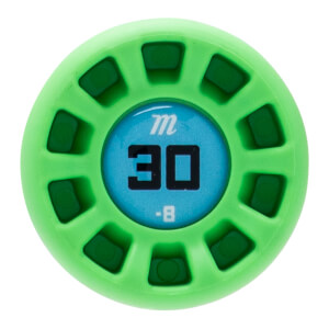 End cap view of a bright green baseball bat with a central blue circle displaying m 30 -8 and dark green rectangular inserts.