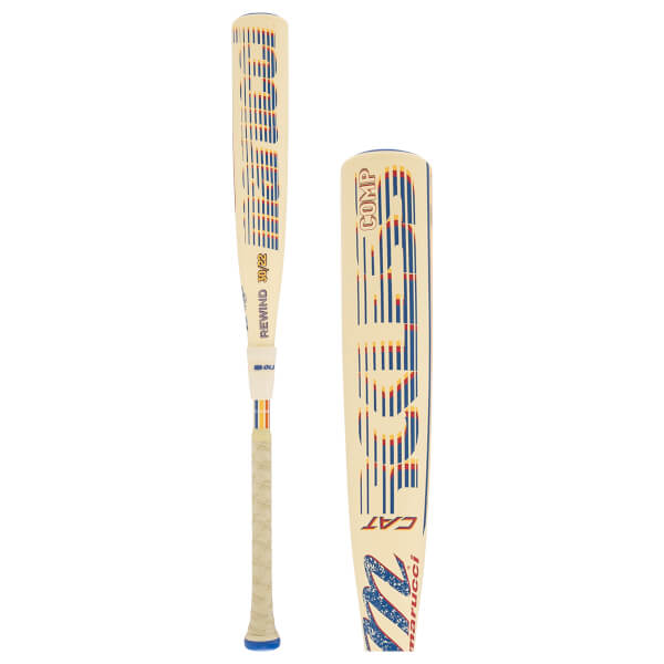 Side view and close-up of a cream Marucci CATX baseball bat with red and blue striped graphics and Rewind text.