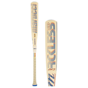 Side view and close-up of a cream Marucci CATX baseball bat with red and blue striped graphics and Rewind text.