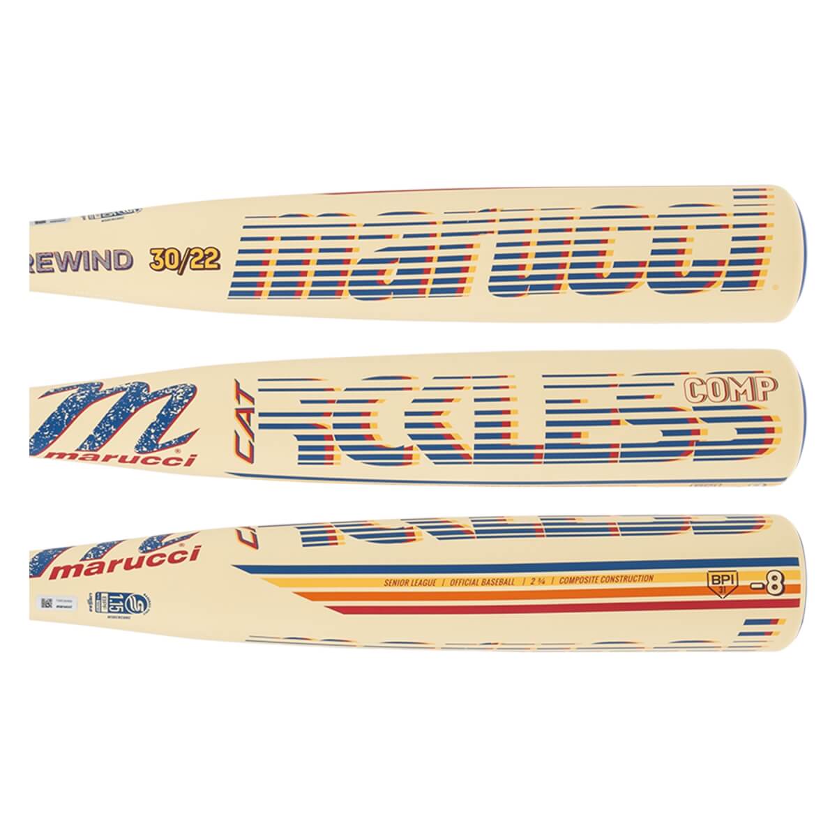 Multiple views of a cream Marucci CAT Rckless Rewind baseball bat with striped branding and a visible -8 weight drop.