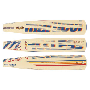 Multiple views of a cream Marucci CAT Rckless Rewind baseball bat with striped branding and a visible -8 weight drop.
