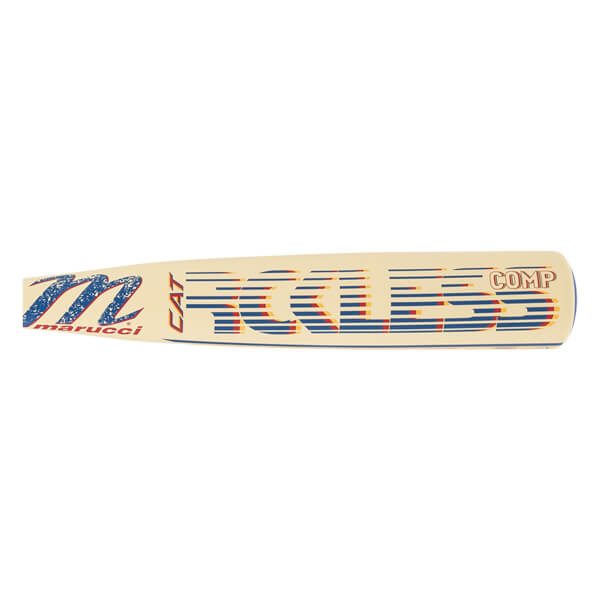 Side view of a cream baseball bat with a blue speckled Marucci logo, CAT, and layered RCKLESS COMP text.
